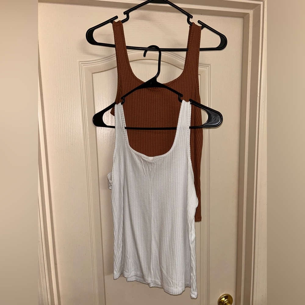 Bundle of 2-  Women's White and Brown Ribbed Tank Tops - Picture 2 of 2